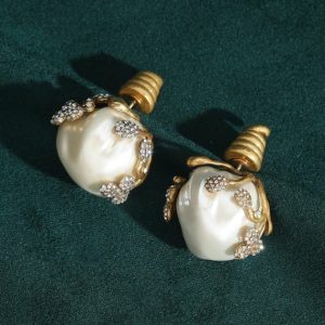 KEQIU Vintage Baroque Pearl Stud Earrings Antique Gold Leaf Crystal Inlaid Statement Earrings