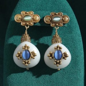 KEQIU Vintage Medieval Cross Embossed Antique Gold Earrings, White Waterdrop & Blue Green Cat Eye Gemstone Retro Luxury Dangle Drop Ear Jewelry For Women Party Wedding Daily