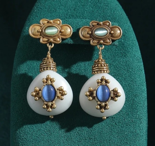 KEQIU Vintage Medieval Cross Embossed Antique Gold Earrings, White Waterdrop & Blue Green Cat Eye Gemstone Retro Luxury Dangle Drop Ear Jewelry For Women Party Wedding Daily
