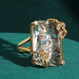 KEQIU Vintage Antique Gold Emerald Cut Large Clear Crystal Hollow Cross Twisted Chain Statement Ring