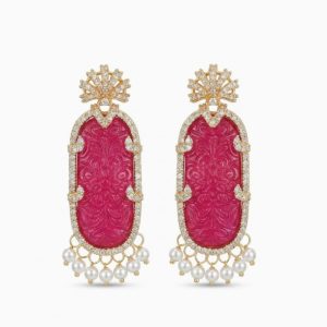 KEQIU Gold Tone Carved Red Gemstone Pearl Drop Earrings G2246E
