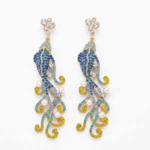 KEQIU Gold Tone Octopus Blue Crystal Pearl Dangle Statement Earrings G2241ED