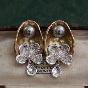 KEQIU Two Tone Pearl Flower Drop Earrings