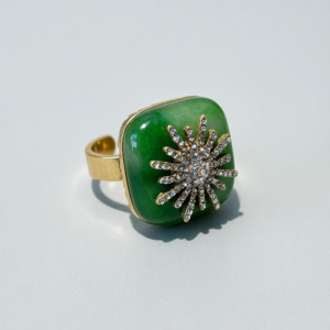 KEQIU Green Jade Sunburst Crystal Ring 18K Gold Plated Adjustable Statement Jewelry