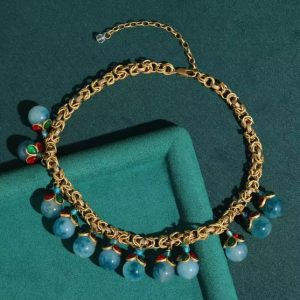 KEQIU Vintage Blue Aquamarine Statement Necklace - Gold Tone Chunky Chain Multi Gemstone Drop Bib Necklace - Retro Ethnic Costume Jewelry for Women