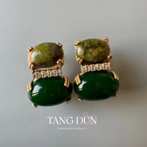 KEQIU Vintage Two-Tone Green Agate & Natural Stone Statement Earrings - Gold Tone Crystal Accent Drop Earrings - Retro Luxury Costume Jewelry for Women