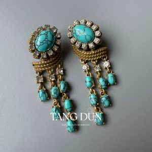 KEQIU Vintage Bohemian Faux Turquoise Tassel Earrings Antique Brass Crystal Dangle Jewelry for Women