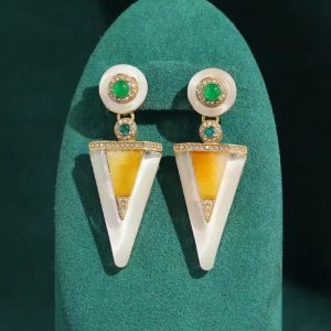 KEQIU Vintage Art Deco Geometric Triangle Dangle Earrings White Mother of Pearl Yellow Jade Inlaid Green Rhinestone Gold Plated Elegant Statement Earrings For Women Wedding Party