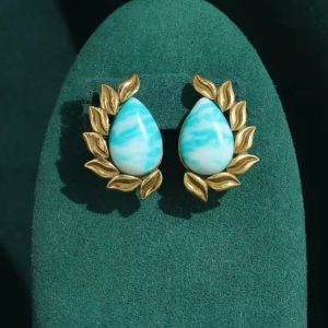 KEQIU Vintage Antique Gold Laurel Wreath Leaf Stud Earrings Teardrop Blue White Swirl Marbled Imitation Turquoise Stone Elegant Retro Statement Earrings For Women Daily Party