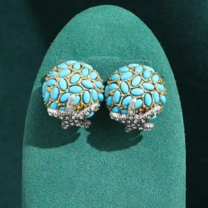 KEQIU Beach Nautical Vintage Turquoise Inlaid Sphere Stud Earrings Two-Tone Metal Crystal Paved Starfish Ocean Statement Earrings For Summer Vacation Party