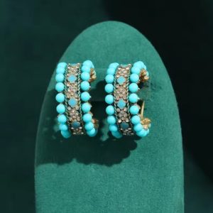 Bohemian KEQIU Vintage Multi-Layer Turquoise Bead C Hoop Earrings Central Rhinestone Inlay Antique Gold Tone Retro Statement Earrings For Summer Beach Party