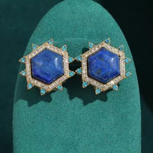 KEQIU Luxury Vintage Star Hexagon Lapis Lazuli Stud Earrings Double Tier Clear & Aqua Blue Rhinestone Inlaid Antique Gold Tone Retro Statement Earrings For Formal Party