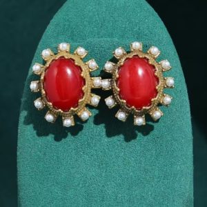 KEQIU Classic Noble Vintage Sun Ray Earrings Big Oval Red Stone Surrounding Mini Pearls Antique Gold Formal Occasion Women Statement Earrings