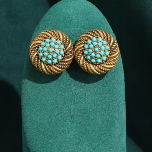 KEQIU Bohemian Vintage Round Swirl Rope Texture Stud Earrings Densely Paved Mini Turquoise Beads Antique Gold Tone Retro Statement Earrings For Summer Beach Vacation