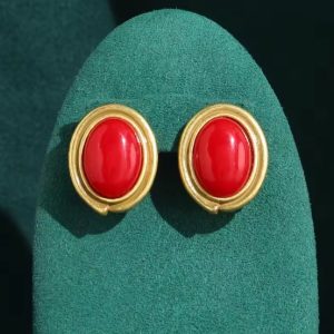 KEQIU Mid Century Vintage Oval Red Stone Stud Earrings Double Wrapped Antique Gold Frame Minimalist Costume Jewelry