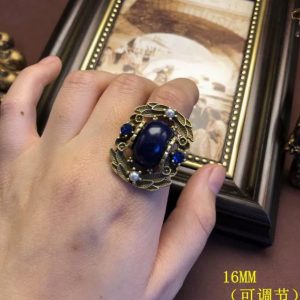 KEQIU Vintage Victorian Large Oval Dark Blue Lapis Statement Ring Antique Gold Leaf Wreath Imitation Pearl Sapphire Rhinestone Adjustable Retro Costume Jewelry For Women