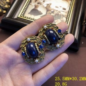 KEQIU Vintage Dark Blue Lapis Oval Cabochon Stud Earrings Antique Gold Leaf Wreath Pearl Sapphire Rhinestone Statement Jewelry