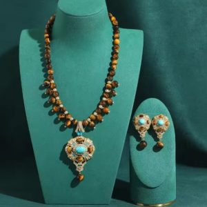 KEQIU Tiger Eye Turquoise Jewelry Matching Set Vintage Filigree Silver Necklace Dangle Earrings For Women Party Daily Wear