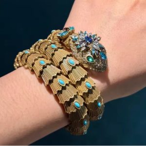KEQIU Retro 3 Turn Snake Bracelet Textured Gold Serpent Bangle Inlaid Turquoise Color Gemstone Victorian Vintage Statement Jewelry For Ladies Daily Banquet Wear