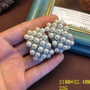 KEQIU Vintage Multi Pearl Cluster Rectangle Stud Earrings Silver Tone Crystal Padded Statement Pierced Earrings for Women