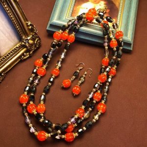 KEQIU Vintage Orange Carved Glass Bead Jewelry Set Multi Strand Layered Necklace Dangle Drop Earrings Retro Statement Costume Jewelry for Women