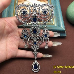 KEQIU Vintage Large Royal Blue Crystal Tassel Brooch Silver Filigree Rhinestone Dangling Drop Statement Antique Costume Pin for Women