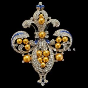 KEQIU Vintage Fleur De Lis Brooch Golden Pearl Blue Enamel Clear Rhinestone Filigree Large Statement Antique Costume Pin for Women