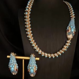 KEQIU Vintage Snake Jewelry Set Turquoise Bead Gold Tone Serpent Choker Necklace Matching Dangle Drop Earrings Retro Statement Costume Jewelry for Women