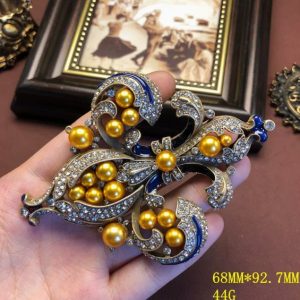 KEQIU Vintage Fleur De Lis Brooch Golden Pearl Blue Enamel Clear Rhinestone Filigree Large Statement Antique Costume Pin for Women