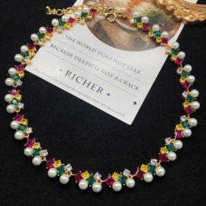 KEQIU Vintage Multicolor Crystal Pearl Choker Necklace, Retro Baroque Colorful Gemstone Gold Plated Collar Necklace for Women Party Jewelry BM283