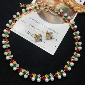 KEQIU Vintage Baroque Multicolor Crystal Pearl Jewelry Set, Gold Plated Gemstone Choker Necklace & Earrings Set Women Party Wedding Statement Jewelry BM283