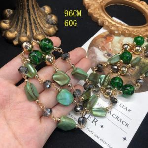 KEQIU Vintage Green Agate Shell Beaded Long Necklace, Gold Plated Boho Multicolor Stone Layered Sweater Chain Necklace for Women`