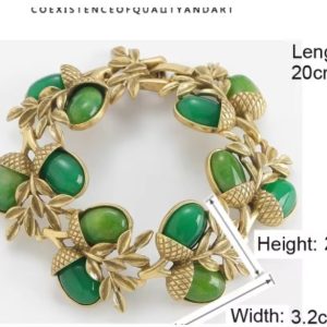 KEQIU Antique Gold Acorn Green Jade Statement Bracelet Vintage Botanical Women Jewelry 5157