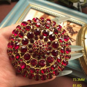 KEQIU Vintage Bohemian Red Rhinestone Dome Brooch, Large 73mm Victorian Antique Style Gold Tone Cluster Pin, Statement Garnet Color Crystal Brooch for  Party Coat HE182