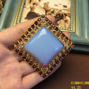 KEQIU Antiqued Gold Square Brooch, Large Blue Chalcedony Cabochon Center with Layered Smoky Topaz Rhinestone Border, Retro Statement Jewelry FM663