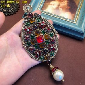 KEQIU Antique Victorian Style Pendant Brooch - Multicolor Crystal & Pearl Drop, Vintage Gold Tone Statement Jewelry