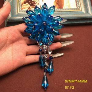 Vintage Handmade Blue Glass Flower Brooch, Long Tassel KEQIU Crystal Rhinestone Statement Pin, Retro Mid-century Floral Costume Brooch