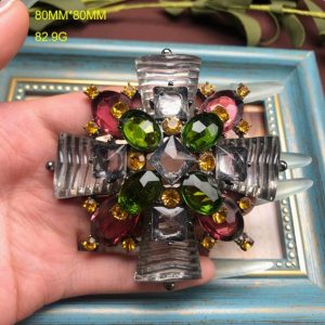 KEQIU Vintage Maltese Cross Multicolor Rhinestone Brooch, Antique Silver Large Statement Pin, Retro Ornate Multi Gem Costume Jewelry Brooch