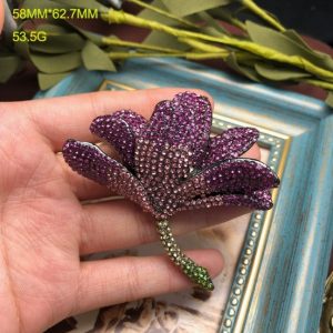 KEQIU Vintage Purple Gradient Rhinestone Magnolia Brooch, Large Statement Flower Pin for Women HE879