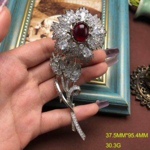 KEQIU Large Vintage Red Cabochon Rhinestone Flower Brooch, Silver Tone Statement Floral Pin HE796