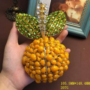 KEQIU Large Vintage Orange Brooch, Fruit Rhinestone Statement Pin with Green Crystal Leaves Retro Jewelry