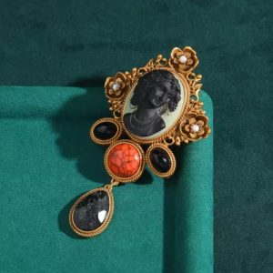 KEQIU Vintage Victorian Cameo Brooch Pendant 2 in 1, Gothic Lady Portrait Antique Gold Ornate Stone Drop Pin, Retro Baroque Statement Jewelry for Women  >