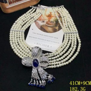 KEQIU Vintage Multi Strand Pearl Choker Necklace, Removable Bow Brooch 2 in 1, Crystal Sapphire Tassel Statement Necklace for Women Wedding Party Jewelry HE760
