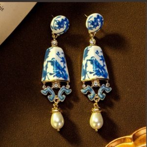 KEQIU Vintage Blue and White Porcelain Bell Drop Earrings, Oriental Chinoiserie Faux Pearl Crystal Dangle Earrings, Retro Chinese Style Statement Jewelry  >