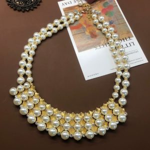 KEQIU Vintage Multi Strand Faux Pearl Bib Necklace, Antique Gold Tone Rhinestone Collar Statement Necklace, Retro 1950s Wedding Costume Jewelry
