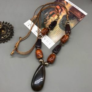 KEQIU Vintage Bohemian Teardrop Stone Pendant Necklace, Multi Cord Adjustable Brown Beaded Statement Necklace, Retro Ethnic Tribal Costume Jewelry  >